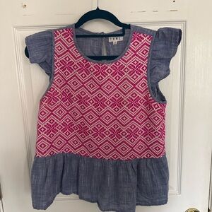 THML Embroidered Peplum Top Pink Blue Boho Size M